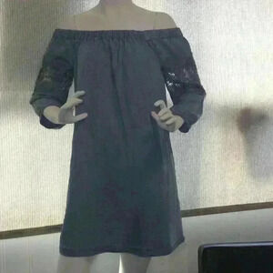 Neiman Marcus Tunic/Dress;denim with lace; Off shoulder, avant garde, cute, chic